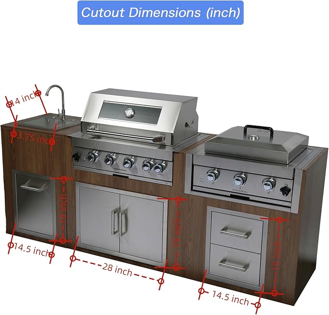 Built in Gas Grill Outdoor: 13 pcs Drop in Propane Gas Grills 32 inch BBQ 4 Burner 60000 BTU Stainless Island Barbecue Cooking Station with inserts Sink Drawer Door Rotisserie Kit Complete Set