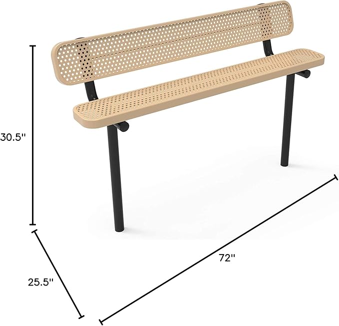COATEDOUTDOORFURNITURE Coated Outdoor Furniture Heavy-Duty Outdoor Bench Thermoplastic Coated, Punched Steel, Commercial-Grade Seating, Made in America (Inground with Back, 6 Ft, Tan)