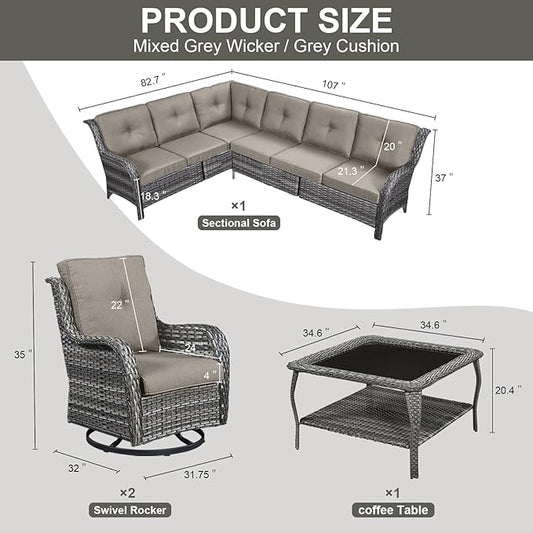 Outdoor Furniture Sectional Sofa L Shaped Couch - Patio Wicker Set with 2 Swivel Glider Chairs, 5 Piece Rattan Patio Conversation Sets with Gray Cushion for Deck Backyard Sunroom