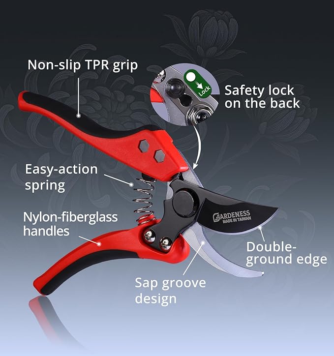Gardeness Non-stick Coated Blade Bypass Pruning Shears-Garden Clippers For Gardening, Handheld Florist branch cutters - Floral Hand Secateurs with Comfort Grip Handles, Trimming and Yard Work