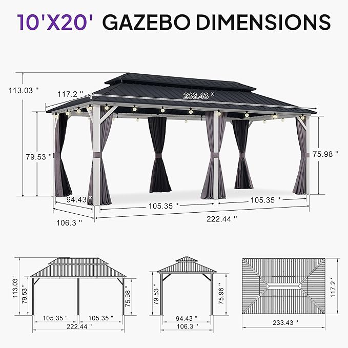 PURPLE LEAF 10' X 20' Outdoor Gazebo Galvanized Steel Double Roof White Aluminum Frame Hardtop Heavy Duty Gazebo with Curtain and Netting for Patio Garden and Backyard, Grey