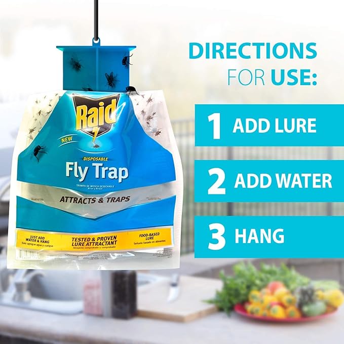 Raid Fly Trap for Outdoor Use, 6 Pack, Disposable Bag with Entry Funnel, Preloaded Lure, Water-Activated Hanging Bug Catcher for Patios, Gardens, Trash Areas, Picnics, Easy to Use & Discard