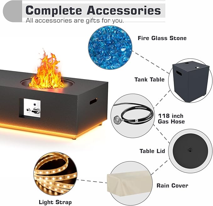 48 inch Propane Fire Pit Table LED, 2 in 1 Rectangular Outdoor Fire Pit with 20lb Tank Cover, Outside Patio Deck and Garden, Gas Fireplace Table with Lid and Stone, 50,000 BTU Adjustable Flame