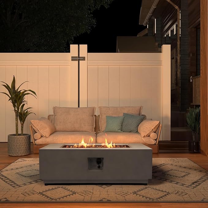 42inch Rectangle Concrete Fire Pit Table Propane - Modern Patio Fire Table w CSA Certified, 50,000 BTU Stainless Steel Burner Rectangular, Lava Rocks, Rain Cover