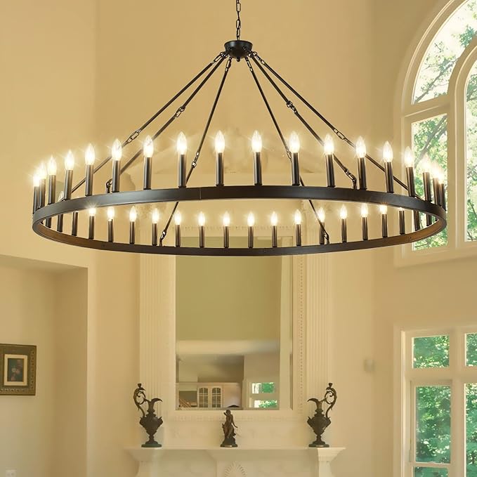 64 Inch Black Extra Large Wagon Wheel Chandelier, 42-Lights Farmhouse Industrial Round High Ceiling Pendant Light Adjustable Chain, for Dining Room, Living Room