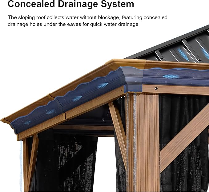 PURPLE LEAF 10' X 12' Outdoor Hardtop Gazebo for Patio Galvanized Steel Double Roof Permanent Canopy Teak Finish Coated Aluminum Frame Pavilion Gazebo with Netting and Navy Blue Curtains