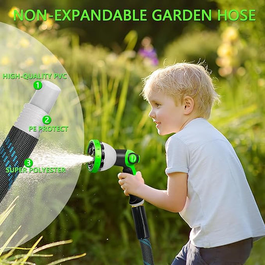 Garden Hose 50 FT, NON-EXPANDABLE Heavy-Duty Flexible & Lightweight Water Hose with 10-Function Nozzle, No-Kink Design, Leak-Proof Super Fabric, Solid Fittings for Lawn, Car, RV, Outdoor