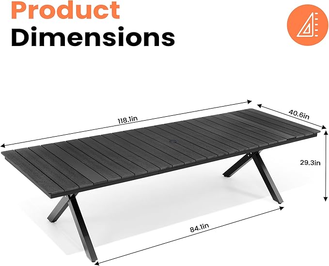 Pellebant 118" Outdoor Dining Table for 8-12, Aluminum Patio Dining Table with Umbrella Hole, Waterproof Wood-Like Tabletop for Lawn Garden Backyard, Black