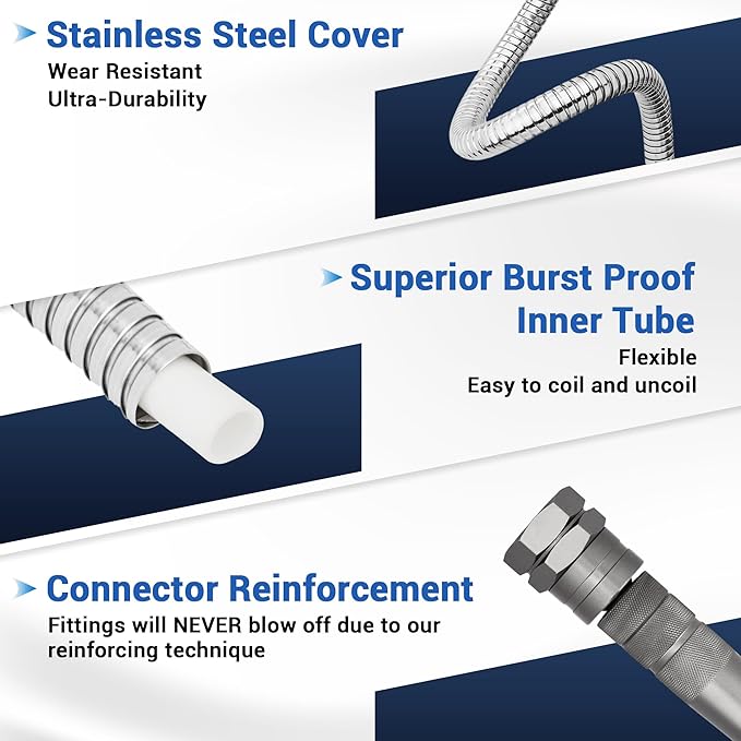 75 FT Stainless Steel Garden Hose – Heavy Duty 304 Metal Hose, 500+ PSI Burst Strength, No-Kink, Dog Bite & Puncture Resistant, Swivel-End Fittings, 8-Mode Nozzle for Large Gardens, Outdoor Use