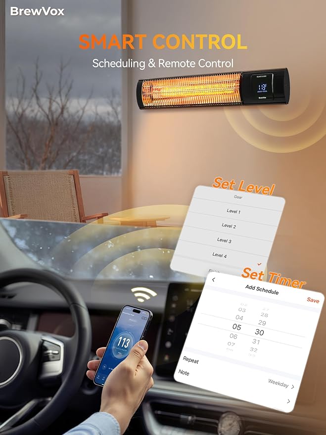 1500W Carbon Infrared Electric Outdoor Patio Heater with Thermostat, Instant Warmth, Smart App-Controlled Scheduling & Remote On/Off, IP65 Weatherproof, 24H Timer for Living Room, Bedroom, Garage
