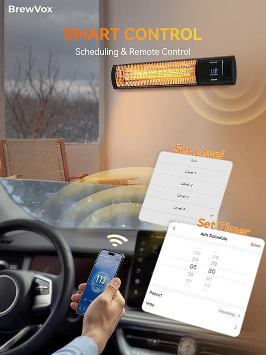 1500W Carbon Infrared Electric Outdoor Patio Heater with Thermostat, Instant Warmth, Smart App-Controlled Scheduling & Remote On/Off, IP65 Weatherproof, 24H Timer for Living Room, Bedroom, Garage
