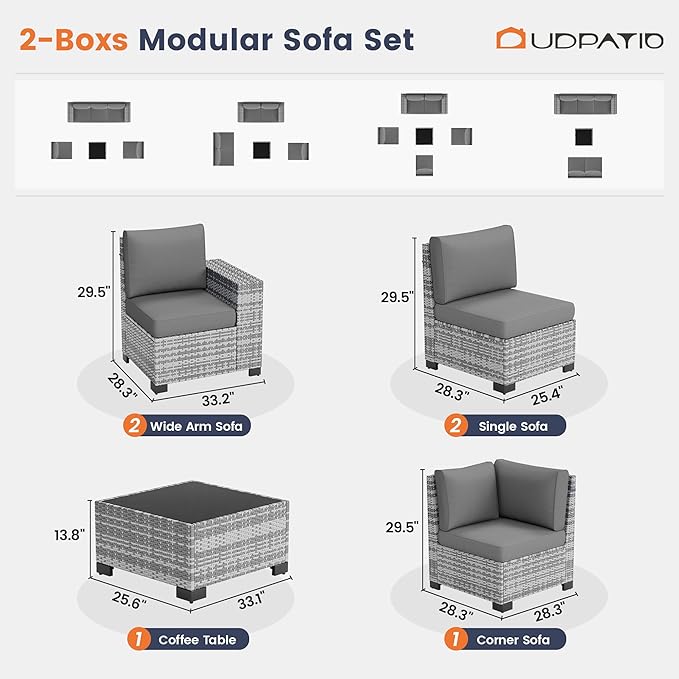 UDPATIO Patio Furniture Set, 8 Inch Armrest Outdoor Sectional Sofa, 6 Piece Wicker Outdoor Furniture Conversation Sets with Waterproof Cover and Coffee Table for Backyard Deck(Grey/Dark Grey)