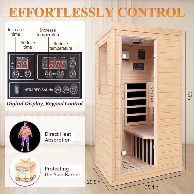Far Infrared Sauna Room for Home Use - 1350W Natural Hemlock Indoor Personal Wooden Personal Dry Sauna with Rapid Heating, Perfect for Athletes, Busy Professionals & Arthritis Sufferers