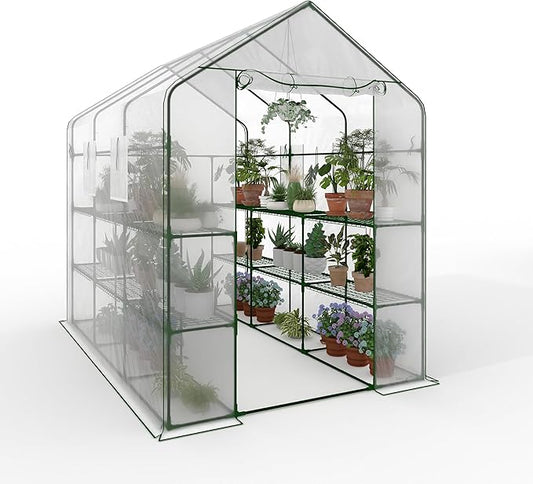 Greenhouse, 57 x 85 x 77'' Greenhouses for Outdoors, with Mesh Side Windows, PE Cover, 8 Shelves, Heavy Duty Walk in Green House for Backyard Garden Indoor, White& Green Outside