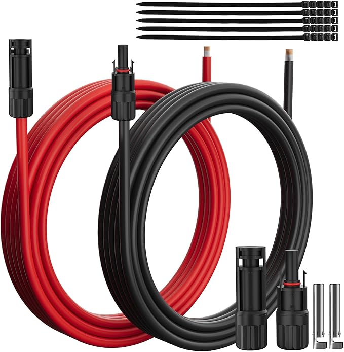 12AWG Solar Extension Cable 20 Ft, Solar Pannel Cable Tinned Copper Wire, with Extra Female and Male Waterproof Connector Pair, Ties, for Home, RV, Photovoltaic Systems (20FT Red+20FT Black)