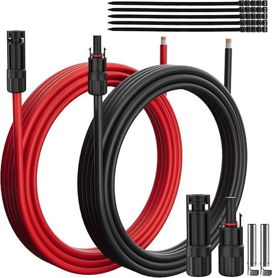 12AWG Solar Extension Cable 20 Ft, Solar Pannel Cable Tinned Copper Wire, with Extra Female and Male Waterproof Connector Pair, Ties, for Home, RV, Photovoltaic Systems (20FT Red+20FT Black)
