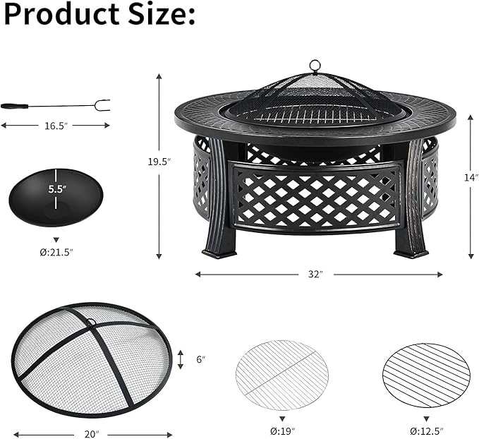 Giantex 3 in 1 Fire Pit, 32" Outdoor Wood Burning Fire Pit, Multifunctional Round Firepit Stove, Metal Fire Bowl with Cover, Portable Fire Pits for Outside Heating, Bonfire, Picnic, Grill