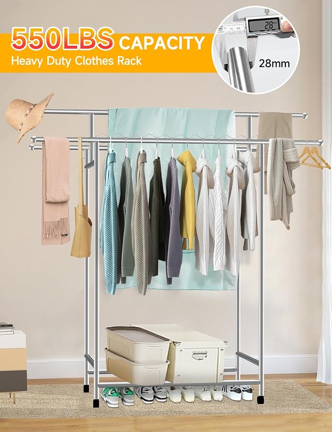 SAN LIKE Garment Rack with Wheels, Heavy Duty Load 550 lbs 3-Rod Standing Clothing Rack 3.8' to 6.4' Extendable Metal Clothes Rack, Portable Foldable Drying Rack for Clothes, Quilt, Comforter, Blanket