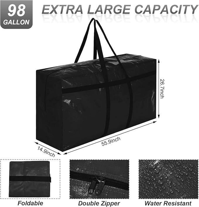 Windyun 4 Pack 98 Gallon Extra Large Storage Bags XXL Moving Bags with Zipper Handles Heavy Duty Jumbo Big Tote Box for Christmas Tree Storage 4, 5, 7.5, 9, 10, 12 ft Skeleton College Dorm(Black)