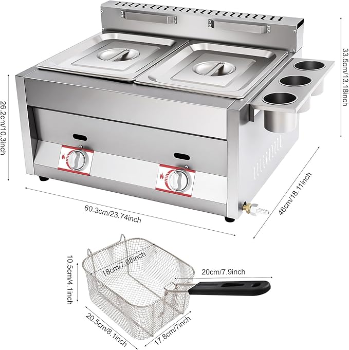 LYNICESHOP Stainless Steel Countertop Gas Fryer, Commercial LPG Gas Deep Fryer with 2 Basket Propane LPG Oil Frying Pot Kitchen Frying Machine Snack Fryer For French Fries Restaurant Home Kitchen