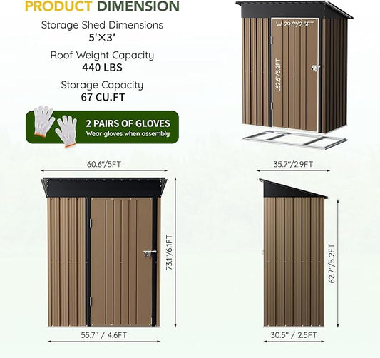 Breezz 5x3FT Vertical Outdoor Steel Storage Shed with Floor Frame, Lockable Doors, Compact Metal Tool Shed for Garden, Backyard, Patio, Utility, and Bike Storage,Brown