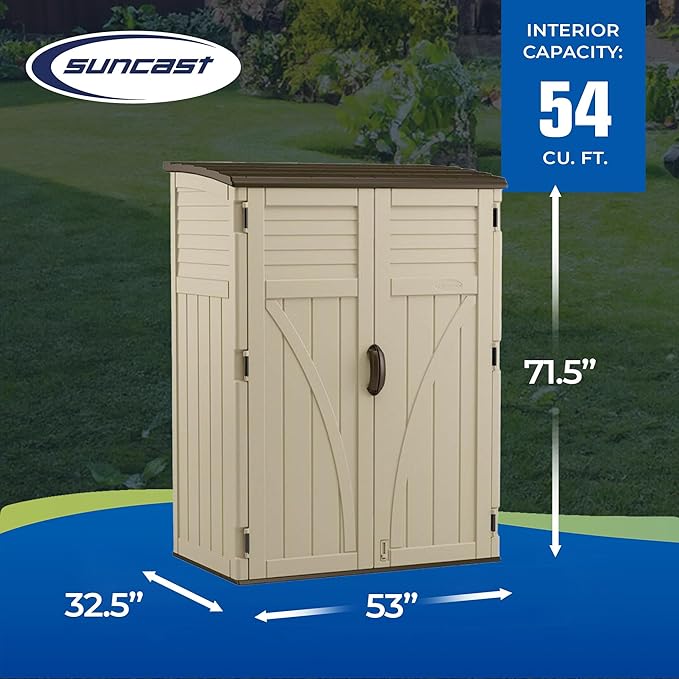 Suncast Outdoor Storage Cabinet Waterproof Resin Vertical Outdoor Storage Shed (54 cu. ft.) for Patio, Garden Tools, Cushions, & Equipment. Weatherproof Plastic Multi-Wall Design, Capacity Made in USA