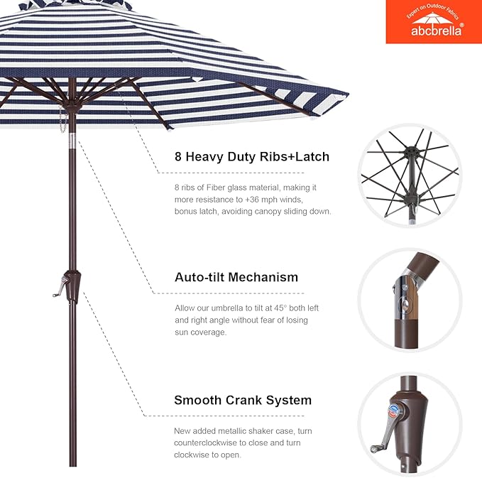 ABCCANOPY OLEFIN® 5-Year No Fading 9FT Patio Umbrella, Outdoor Table Umbrella with 8 Sturdy Ribs for Deck, Backyard, Yard (Navy Stripe)