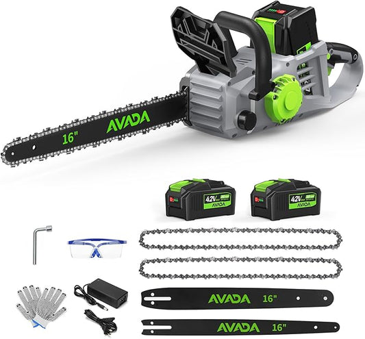 Electric Chainsaw Cordless, 42V 16 Inch Battery Chainsaw with Brushless Motor and Quiet Superior Cutting Power, Hand Battery Powered chainsaw for Tree Trimming Wood Cutting, 2 Battery and Charger