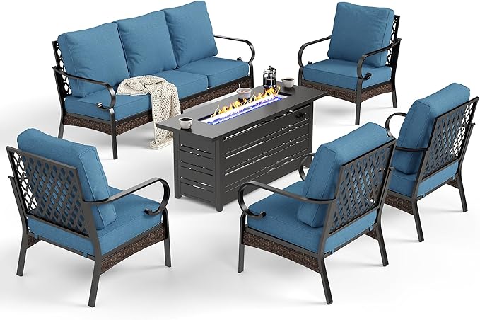 6 Piece Black Metal Outdoor Patio Furniture Sets with Firepit Table, Patio Conversation Sets 1 3-Seater Sofa, 4 Single Sofa with 5.75" Extra Cushion Backyard Furniture for Deck, Navy