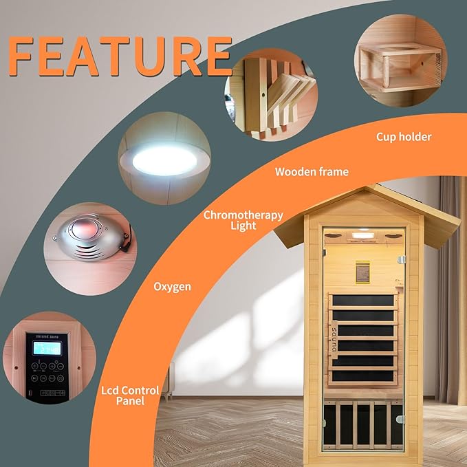 Outdoor Far Infrared Home Sauna, 1 Person Hemlock Wood Sauna Box, 1400W 5 Carbon Crystal Heating Panels Indoor Sauna Room, Personal Sauna Hot Yoga Essentials Gym Accessories Workout Equipment