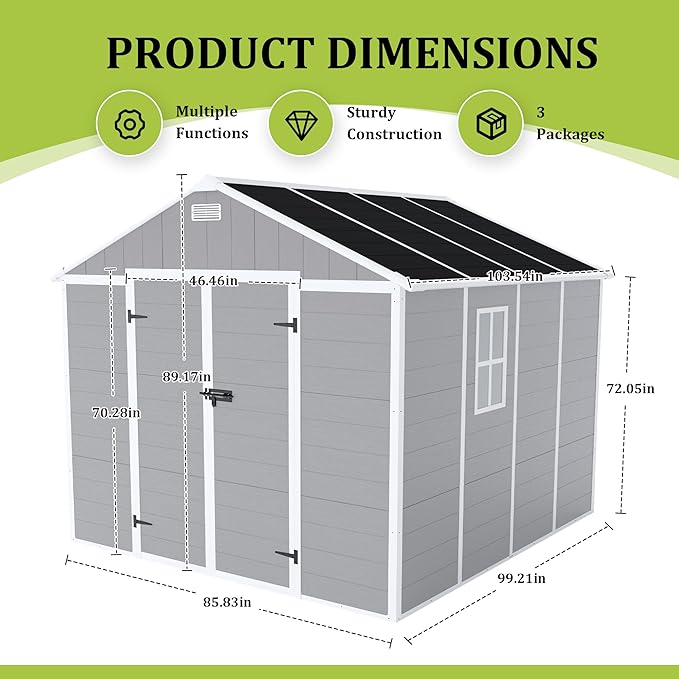 Resin Storage Shed 8x8 ft, Outdoor Storage Sheds with Floor, Window, Lockable Doors and Vents, 12mm Thick pp Board, Waterproof Garden Shed for Backyard Patio (Grey, 8 * 8ft)