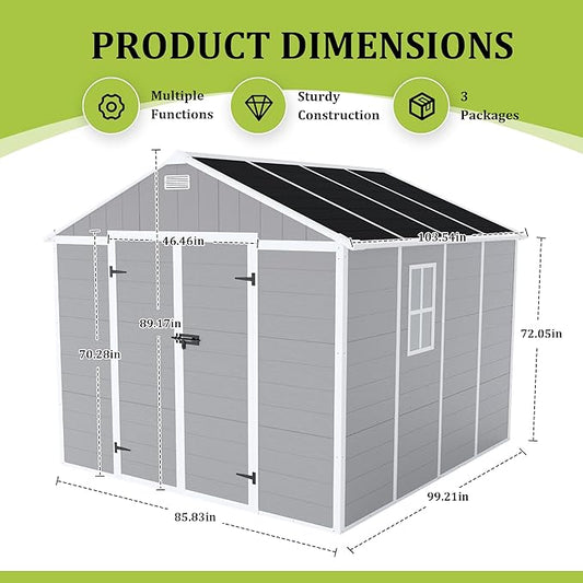 Resin Storage Shed 8x8 ft, Outdoor Storage Sheds with Floor, Window, Lockable Doors and Vents, 12mm Thick pp Board, Waterproof Garden Shed for Backyard Patio (Grey, 8 * 8ft)