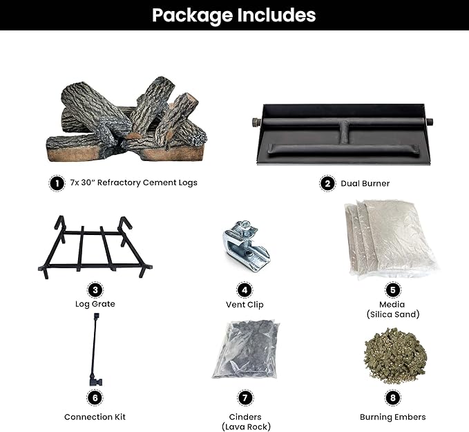 30" Premium Gas Logs - Match Light Kit Included - for Natural Gas Vented Fireplaces - Blazing Oak Design (Logs + Match Light Kit)