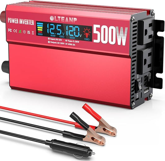 500W Power Inverter with LCD Screen Display, 2 AC Outlets, 36W Type-C Port, 5V/3A USB Port, 12V DC to 110V/120V AC Inverter for Truck, Home, Vehicles, Laptop, Trip