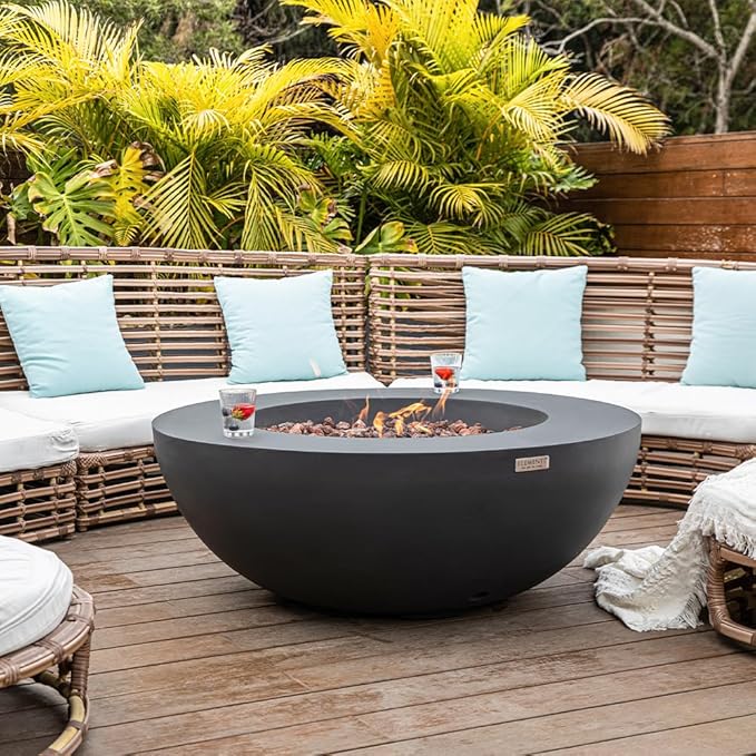 Elementi Lunar Bowl Dark Grey Fire Pit Bundle Includes 42” Propane Concrete Firepit, Glass Windscreen, Stainless Steel Cover, Tank & Canvas Cover, Floor Mat and Beverage Tub