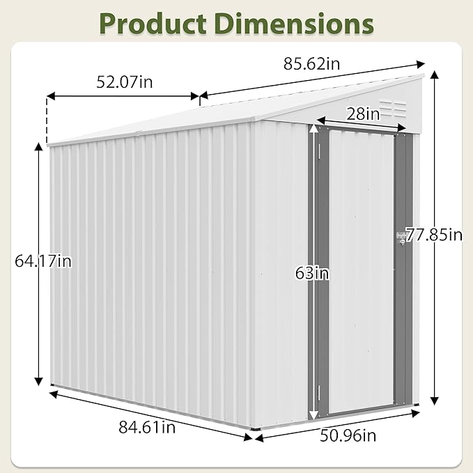 4x7 FT Metal Outdoor Storage Shed, Lean-to Garden Tool and Bike Shed with Lockable Door and Air Vents, Waterproof Sloped Roof Steel Utility Shed for Backyard, Patio, Lawn Equipment, White