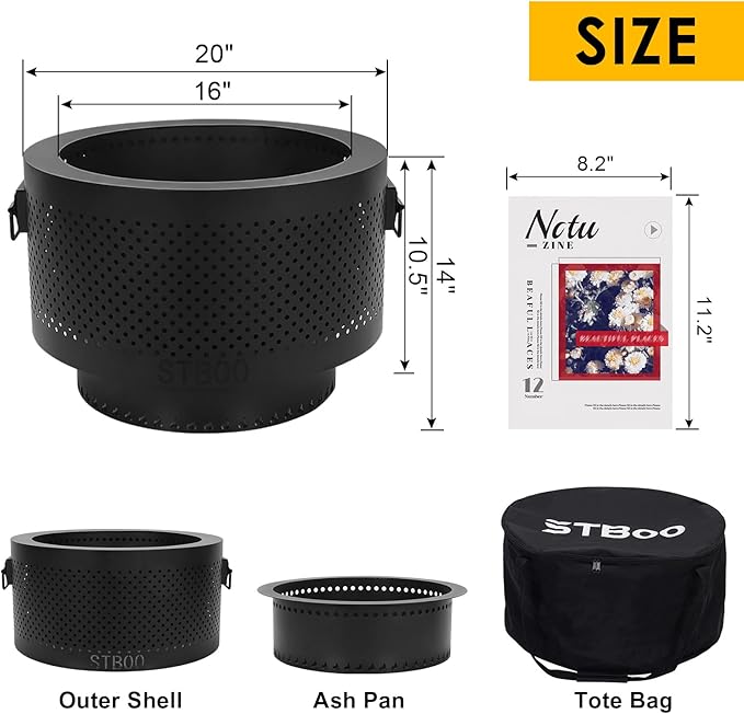 STBoo Smokeless Fire Pits for Outside with Portable Carrying Storage Bag, 20x14 Inch Firepits Outdoor Wood Burning, Low Smoke Outdoor Fireplace for Bonfire Picnic Backyard Cooking on Beach, Black, L