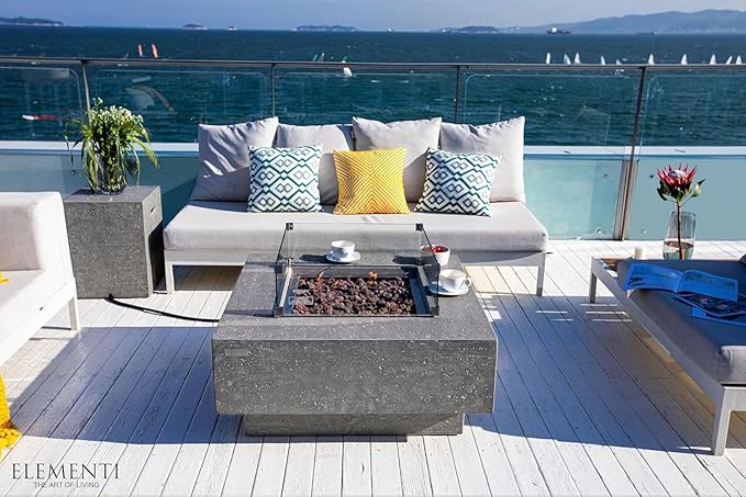 Elementi Manhattan Gas Fire Pit Bundle Concrete Fire Table, Outdoor Fire Pit Electronic Ignition | Canvas Cover, Lava Rock Included | Free AMS Wind Guard | Light Gray (Propane Gas)