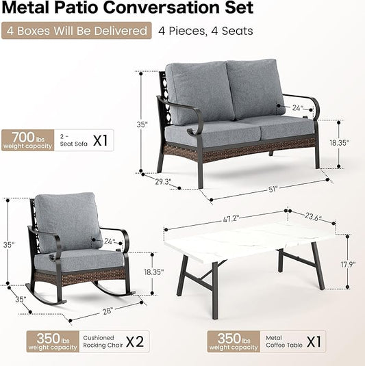 4 Piece Metal Outdoor Patio Furniture Sets, Patio Conversation Sets 1 Loveseat, 2 Rocking Sofa with 5.75" Extra Thick Cushion and Coffee Table, Balck Frame Backyard Furniture, Gray