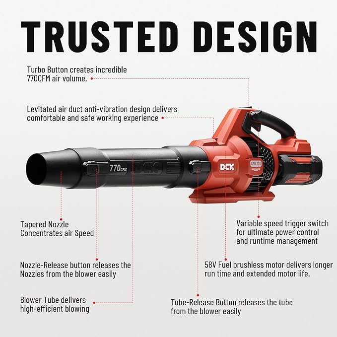 DCK 58V Cordless Leaf Blower, Power Variable-Speed, Brushless, 770 CFM, Electric Leaf Blower with 4Ah Battery and 5A Charger for Lawn Care, Yard, Outside(KDLB58211BDM)