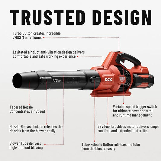 DCK 58V Cordless Leaf Blower, Power Variable-Speed, Brushless, 770 CFM, Electric Leaf Blower with 4Ah Battery and 5A Charger for Lawn Care, Yard, Outside(KDLB58211BDM)