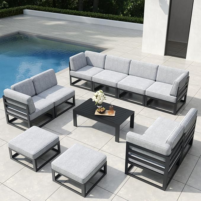 11 Pieces Aluminum Patio Furniture Set with Coffee Table, Metal Outdoor Conversation Sofa Set with Seating Cushions
