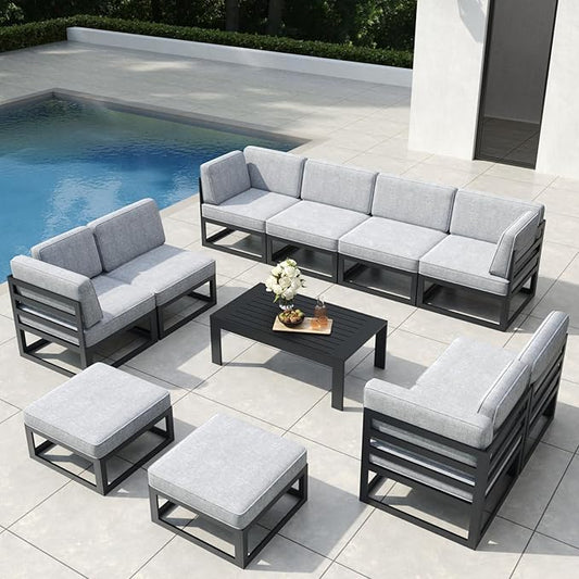 11 Pieces Aluminum Patio Furniture Set with Coffee Table, Metal Outdoor Conversation Sofa Set with Seating Cushions