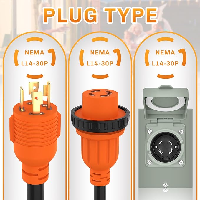 WELLUCK 30 Amp Emergency Power Combo Kit with L14-30P Inlet Box and 15 FT Power Cord, 30A Generator Power Inlet Box, NEMA L14-30P to L14-30R RV Power Extension Cord with Grip Handle, ETL Listed