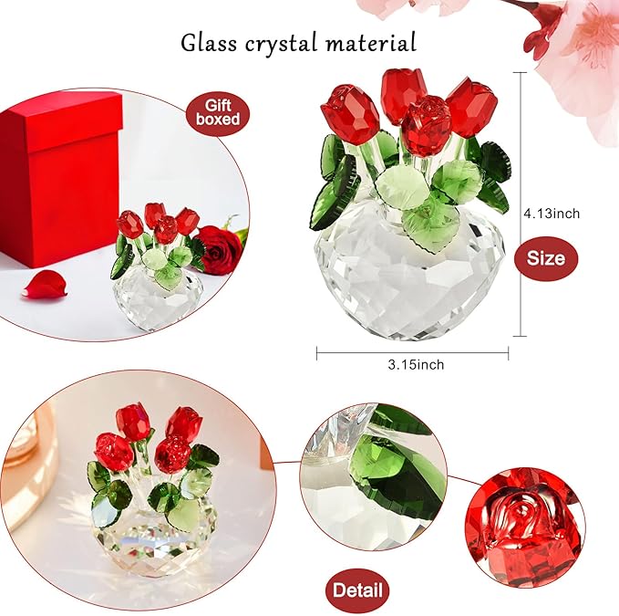 Crystal Roses Figurines,Valentine's Gifts for Women,Crystal Flowers Mom Girlfriend Wife Glass Flowers for Mother's Day,Birthday,Wedding,Anniversary Collectibles（Red）