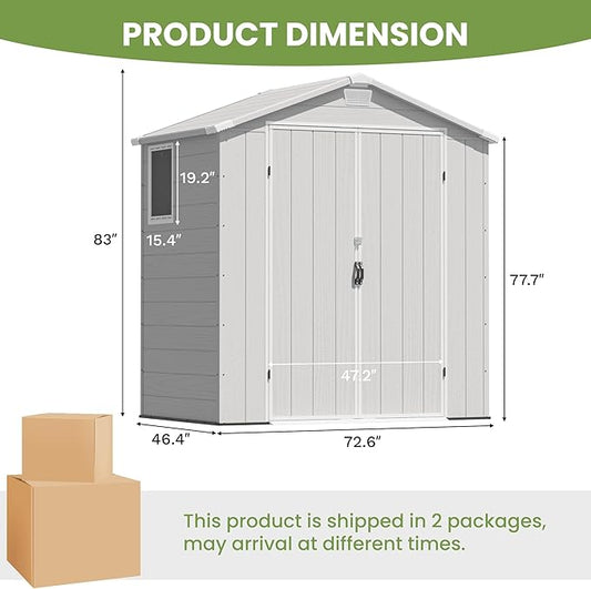 Greesum 6x4FT Plastic Outdoor Storage Shed with Floor, Resin Sheds with Lockable Double Door, All-Weather Tool Sheds with Window and Vents, for Garden, Backyard, Patio, Light Gray