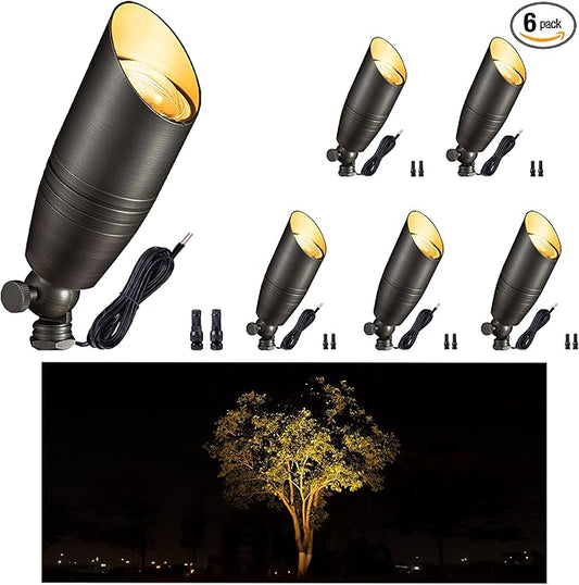 Gardenreet Low Voltage Spot Lights - Solid Brass Landscape Spotlight Wired, 12V Outdoor LED Uplights Waterproof, Electric Bronze Adjustable Focus for Patio Wall Without MR16 Bulb (6 Pack)