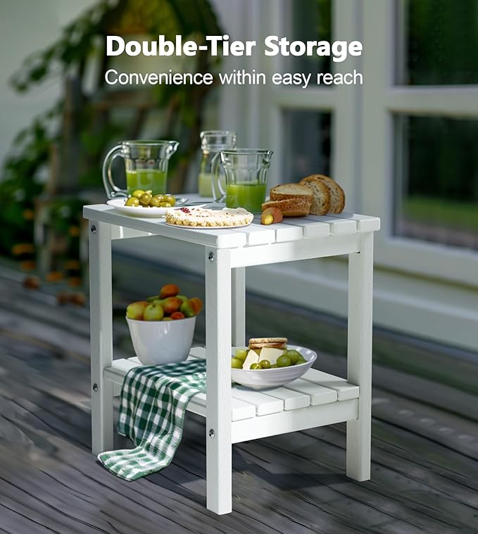 PASAMIC 2-Tier Adirondack Square Outdoor Side Table, HDPE Small Outdoor Table, Patio End Table for Patio, Pool, Backyard, Weather-Resistant (White)