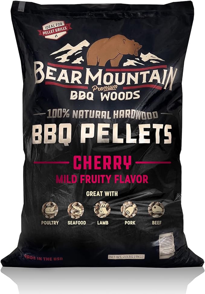 Bear Mountain All Natural Wood Pellets for Smoker, Grill & BBQ, 40 Lbs, Cherry - Premium Hardwood Barbecue Pellet Accessories for Indoor and Outdoor Grilling