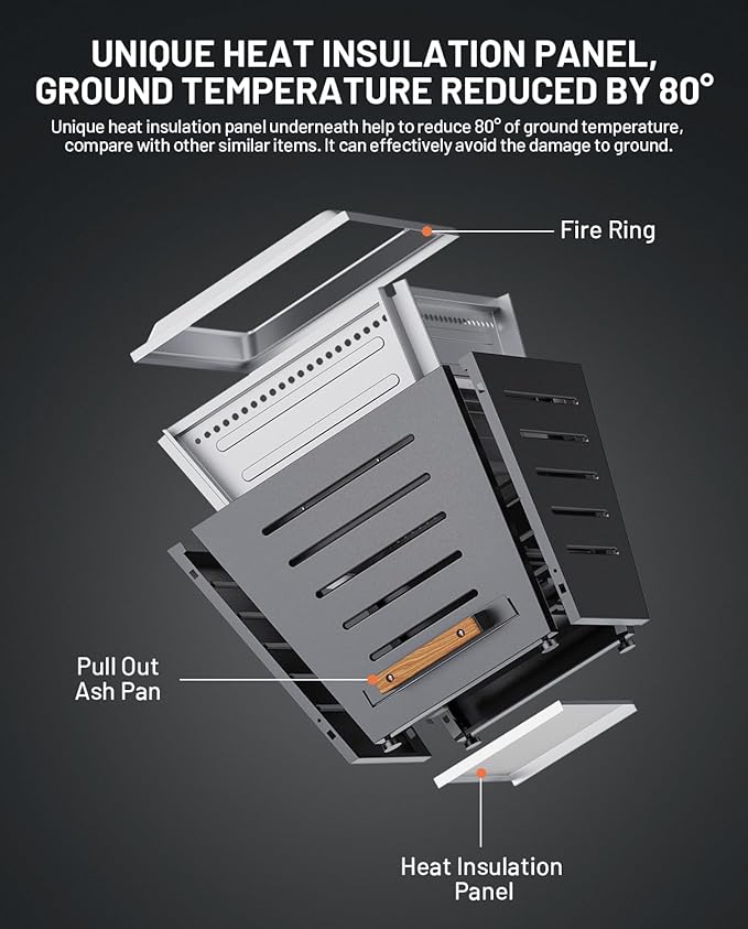 25 Inch Smokeless Fire Pit Stainless Steel Wood Burning Fireplace Portable Outdoor Fire Pit Patio Smokeless Firepit with Pull-Out Ash Tray and Handles, Black